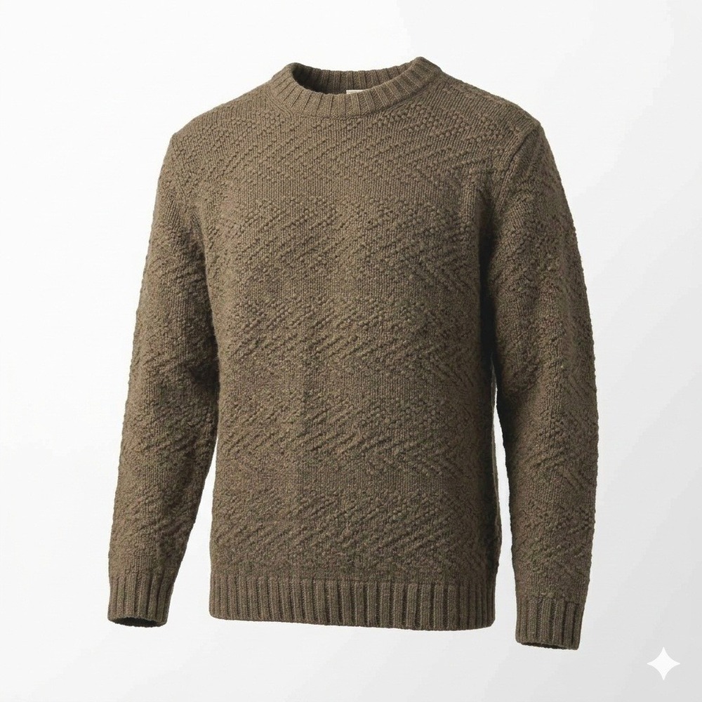 LL Bean Mens L Lambswool Textured Chevron Knit Sweater Olive Green Y2K Gorpcore
